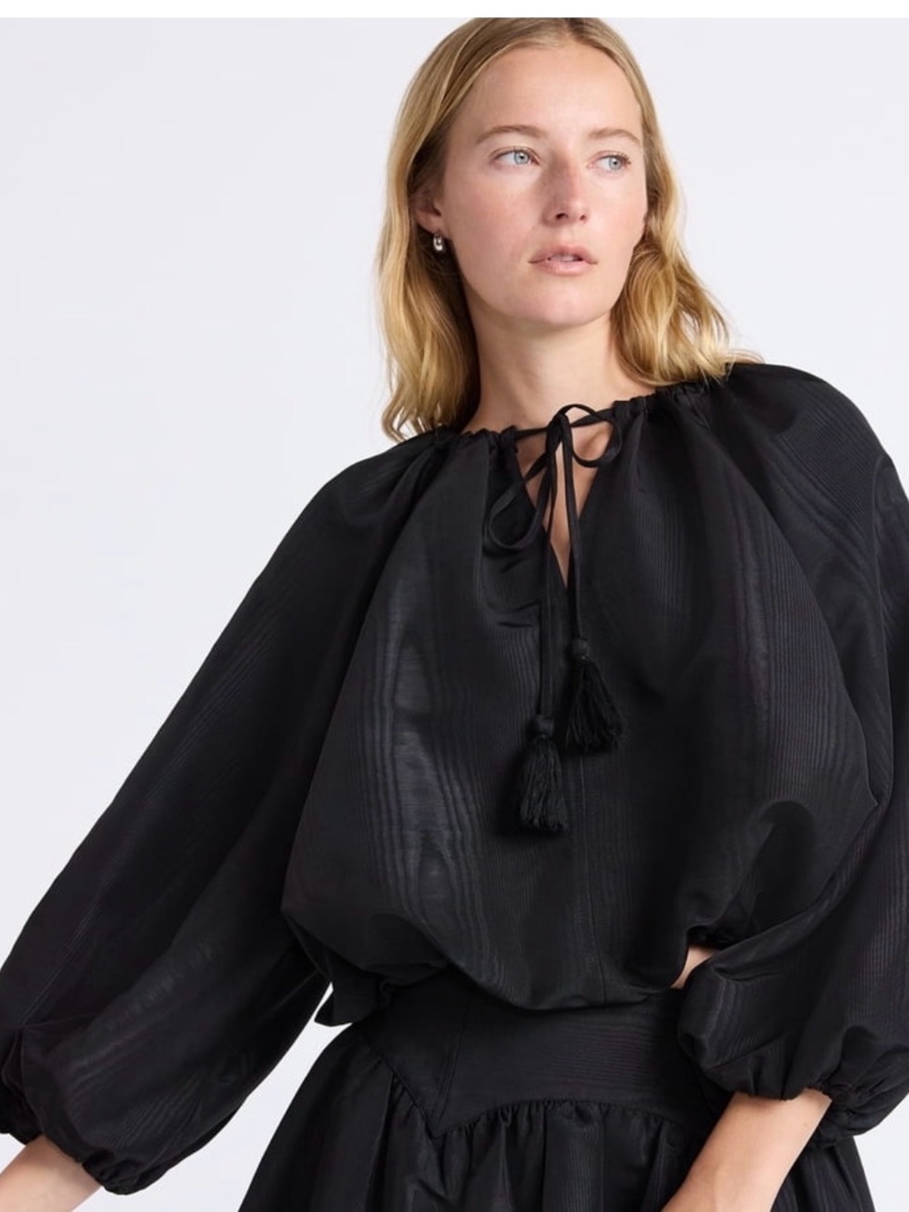 Women's Black Tie-Neck Peasant Blouse with Tassels